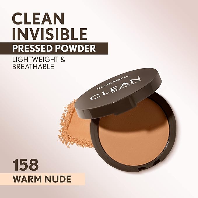 Covergirl Clean Invisible Pressed Powder, Lightweight, Breathable, Vegan Formula, Warm Nude 158, 0.38oz-VivaGrace Women