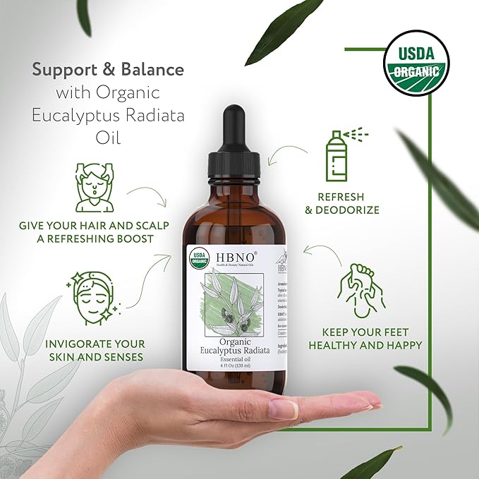 HBNO Organic Eucalyptus Radiata Essential Oil - 4 oz (120ml) - USDA Certified Organic Eucalyptus Radiata Essential Oil, Soap Making, DIY, Fragrances, Diffuser-VivaGrace Women