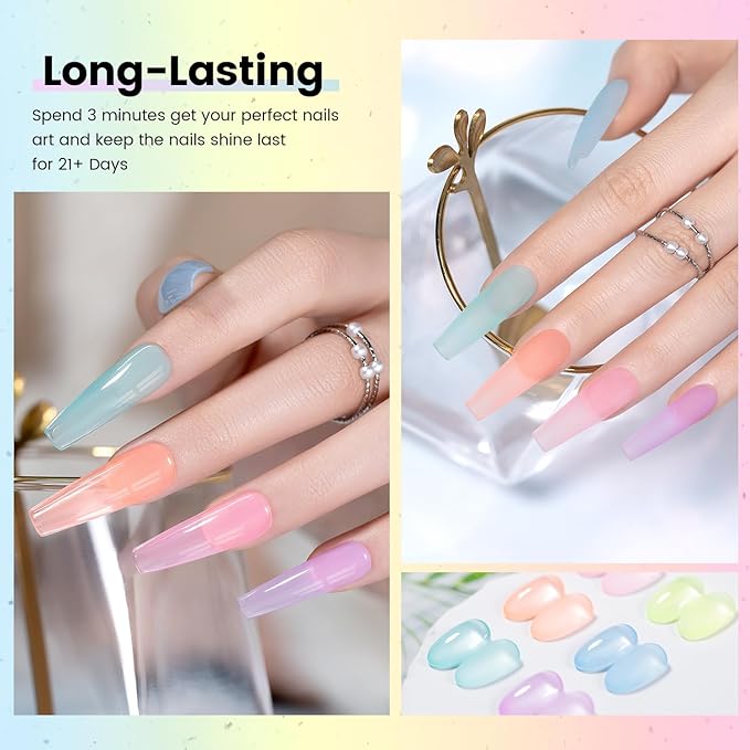 RARJSM Pastel Stained Glass Gel Nail Polish Set 6pcs Clear Orange Yellow Blue Pink Purple Crytal Transparent Jelly Series Sheer Amber Gel Varnish LED UV Curing Requires Spring Easter French Manicure-VivaGrace Women