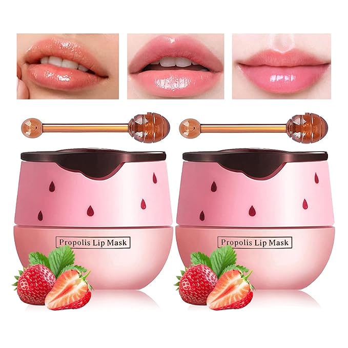 Honey Lip Balm Pot, Propolis Lip Mask, Strawberry Hydrating Propolis Lip Sleeping Mask, Prevent Dry&Cracked, Lip Repair Nourishes the Lip Skin (2pcs Strawberry)-VivaGrace Women
