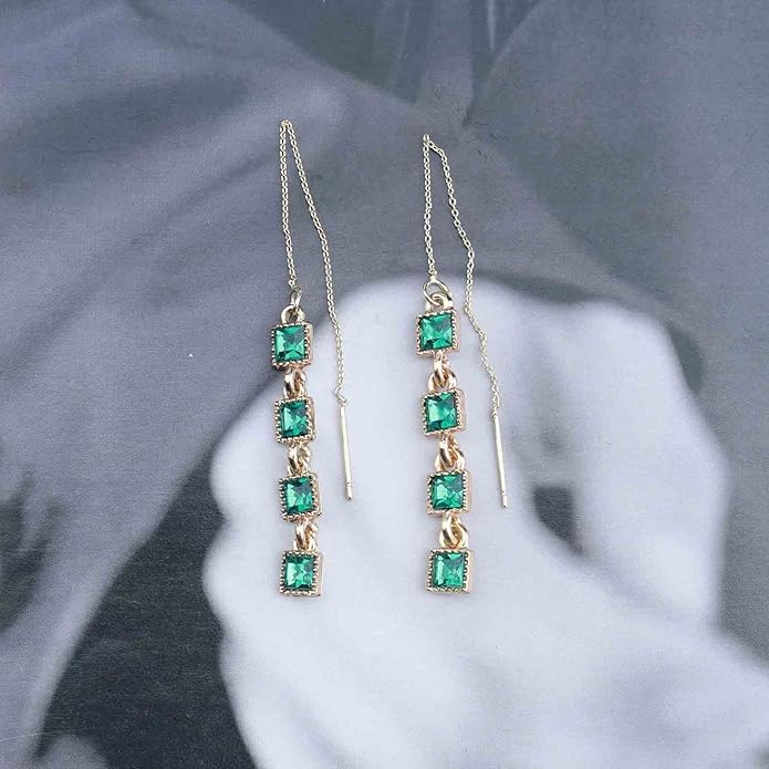 Vintage Crystal Emerald Threader Earrings Emerald Square Stud Earrings Long Chain Tassel Dangle Earrings Gold Bar Pull Through Earrings Jewelry for Women-VivaGrace Women