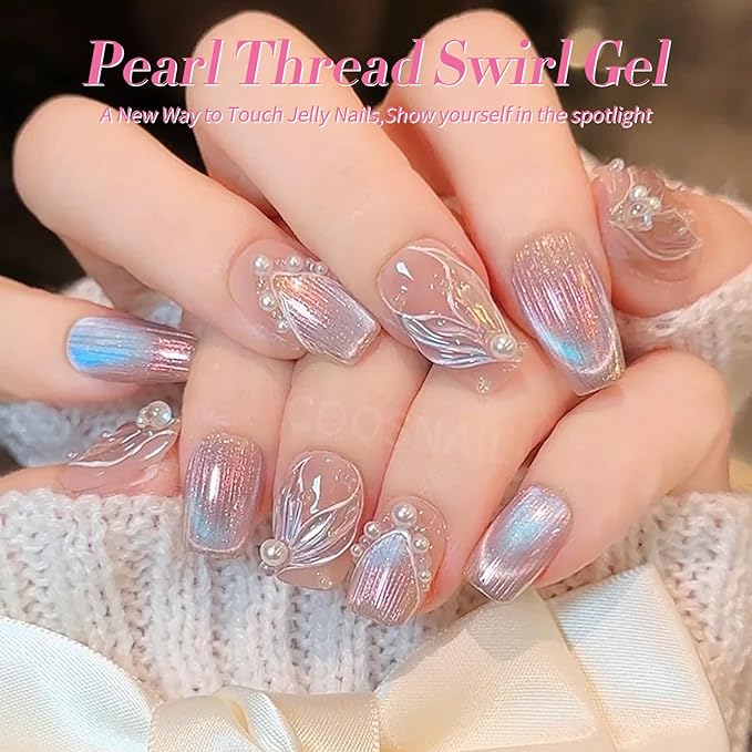 Born Pretty Pearl Gel Nail Polish Aurora Iridescent Glitter Shimmer Mermaid Pearl Gel Polish Drawing Gel Nail Polish Shell Swirl Thread Effect Nail Gel Soak Off Led Summer DIY Gift 6PCS-VivaGrace Women