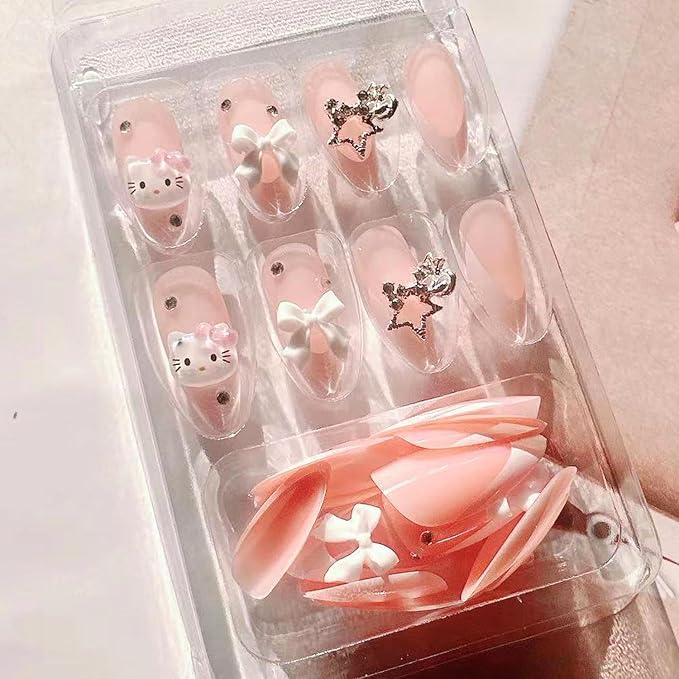 French Tip Press on Nails - Pink Cute Almond Fake Nails - White French Nail Cartoon Press ons Bow Star False Nail Tips Stick on Artificial Rhinestones Nails for Women 24pcs