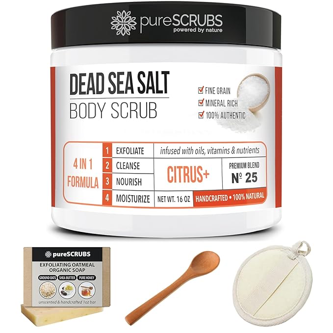 pureSCRUBS Premium Citrus Body Scrub Set - Large 16oz Dead Sea Salt Body Scrub With Infused Essential Oils & Nutrients, Includes Wooden Spoon, Loofah & Oatmeal Exfoliating Bar Soap-VivaGrace Women
