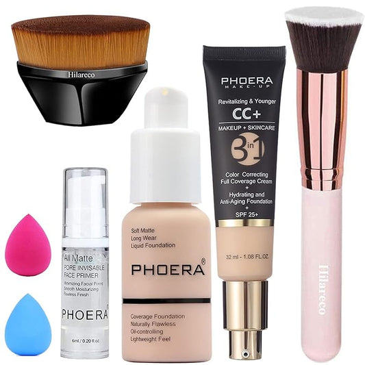 PHOERA Foundation,PHOERA CC+ Cream Color Correcting Anti Aging Hydrating Serum &SPF 25+,PHOERA Primer,PHOERA Makeup,Kabuki Makeup Brushes Foundation Brush Powder (101 Porcelain+100 Porcelain CC Cream)-VivaGrace Women
