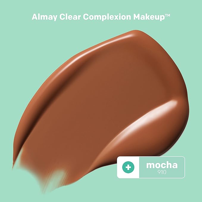 Almay Clear Complexion Acne Foundation Makeup with Salicylic Acid - Lightweight, Medium Coverage, Hypoallergenic, Fragrance-Free, for Sensitive Skin, 910 Mocha, 1 fl oz.-VivaGrace Women