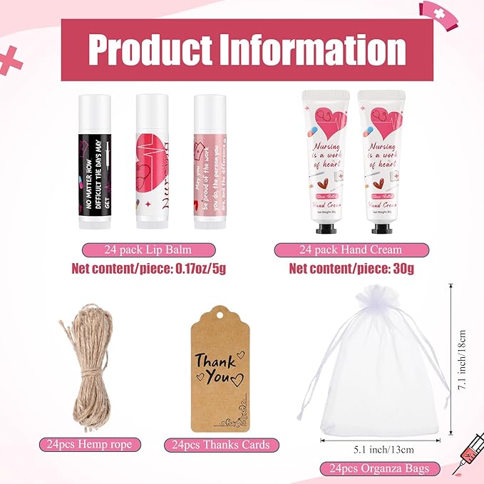 Nurse Appreciation Gifts Set Thank You Gifts Lip Balm Hand Cream for Dry Cracked Hands with Organza Bags Thank You Tags Jute for Party Holiday Nurse' Day(24 Sets)-VivaGrace Women