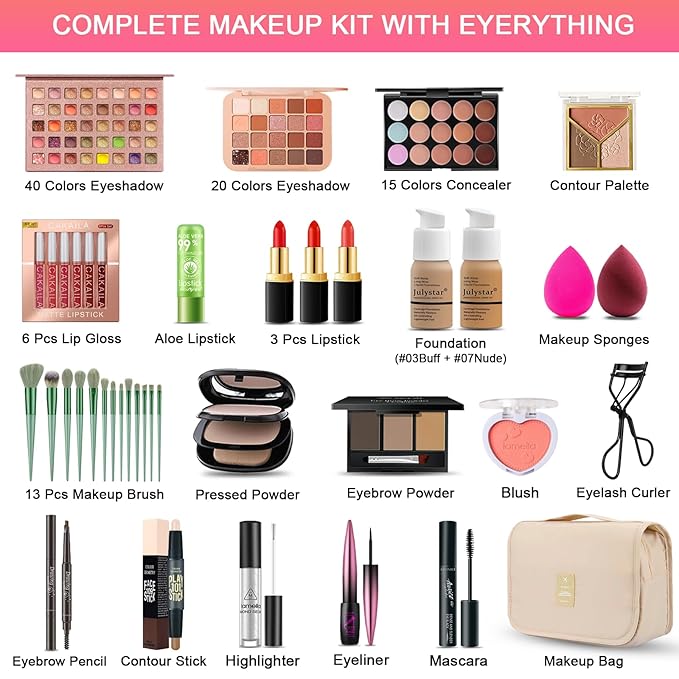 All in One Makeup Kit for Women Full Kit, Professional Travel Makeup Kit for Women & Teens, Foundation Eyeshadow Lipstick Brow Pencil Eyeliner Contour Powder, Complete Make Up Gift Set for Beginners-VivaGrace Women