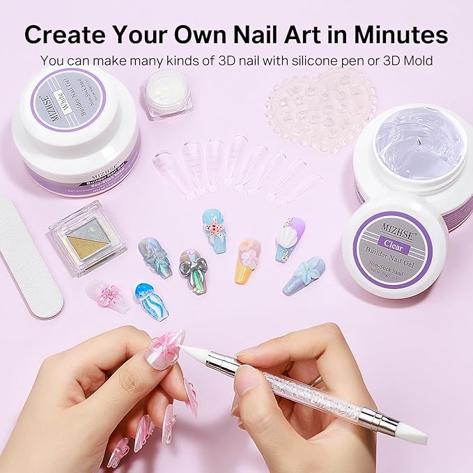 MIZHSE 2PCS 60g Clear and White Solid Builder Gel for Nails, 3D Sculpting Gel for Nail Art with Gold Silver Chrome Powder Nail Form Molding Builder Gels Kit for Women Home DIY Manicure-VivaGrace Women