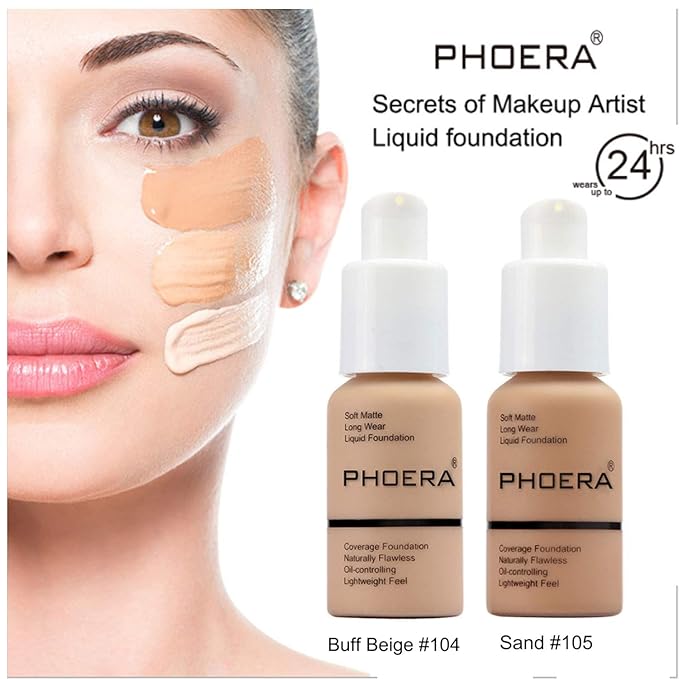 2 Pcs Liquid Foundation Full Coverage 24HR 30ml Matte Oil Control Foundation Makeup Concealer (Buff Beige & Sand) with Kabuki Foundation Brush Flat Top-VivaGrace Women