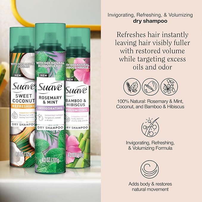 Suave+ Dry Shampoo Spray Variety 3-Pack – Invigorating Rosemary & Mint, Volumizing Bamboo & Hibiscus + Refreshing Sweet Coconut, 4.3 Oz Ea-VivaGrace Women