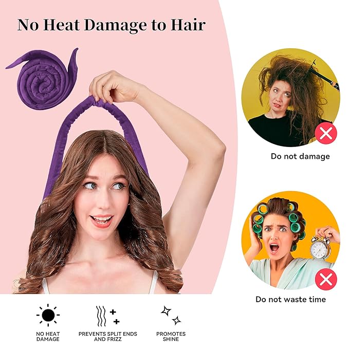Heatless Curling Rod Headband, Upgraded 60' Extra Long Soft Velvet Hair Curlers to Sleep In, No Heat Curls for Most Hair Types, Includes Directions (Purple, 1 Count)