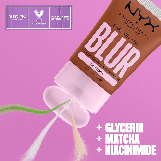 NYX PROFESSIONAL MAKEUP Bare With Me Blur Skin Tint Foundation Make Up with Matcha, Glycerin & Niacinamide - Nutmeg-VivaGrace Women