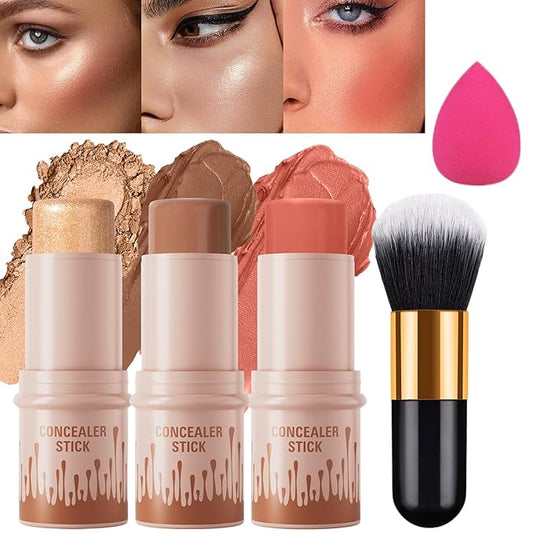 3Pcs Cream Contour Stick, with Highlighter Stick Milk Bronzer Stick Blush Stick, Face Contour Stick Highlighter Makeup with Makeup Brush and Sponge, Easy to Sculpt the Face, Long Lasting-VivaGrace Women