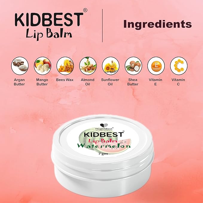 Kidbest Lip Balm for Kids, Extra Nourishing, Soothing Lips, Tear, Paraben, SLS free, Watermelon Flavor, 7gm, Peach-VivaGrace Women