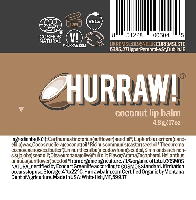 Hurraw! Coconut Lip Balm: Organic, Certified Vegan, Cruelty and Gluten Free. Non-GMO, 100% Natural Ingredients. Bee, Shea, Soy and Palm Free. Made in USA-VivaGrace Women