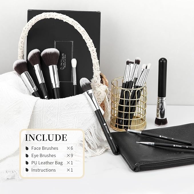 DUcare 15pcs Classic Black Makeup Brush Set with Bag Professional Soft Synthetic Foundation, Blending, Eyeshadow, Powder, Concealer Brushes for Flawless Makeup Application-VivaGrace Women