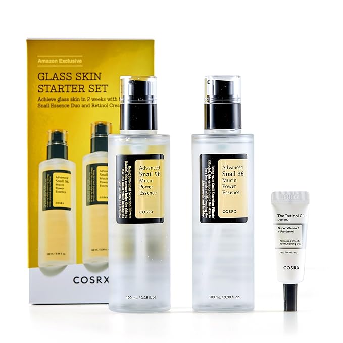COSRX Glass Skin Korean Skincare Set- Advanced 96% Snail Mucin Serum (3.38fl oz * 2pcs) & Mini Sized 0.1% Retinol Cream for Face (0.1oz)- Korean Skin Care Gift Set, Anti Aging Set-VivaGrace Women