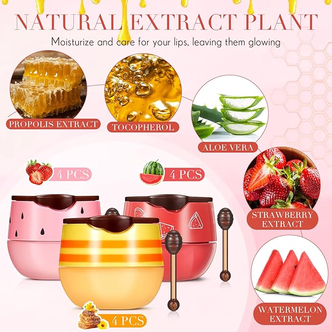12 Pcs Bee Lip Balm Honey Pot with Brush Propolis Lip Mask Overnight, Moisturizing Hydrating Lip Sleeping Mask Prevention Dry and Cracked(Honey+Strawberry+Watermelon)-VivaGrace Women