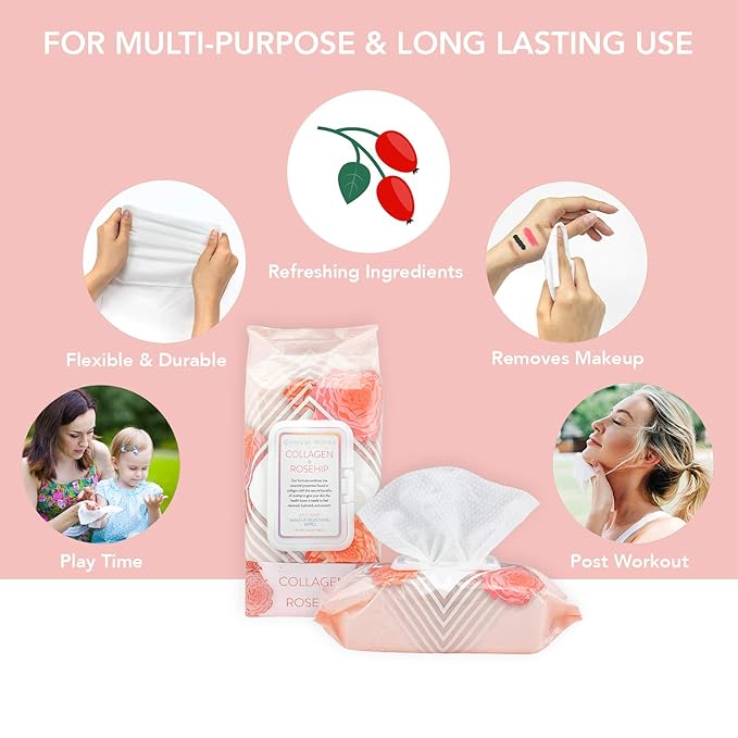 Makeup Remover Wipes Bulk Pack- Collagen and Rosehip Facial Cleansing Wipes, 4 Pack