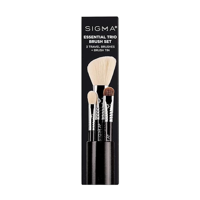 Sigma Beauty Travel Essential Trio - Makeup Brush Set for Foundation Powder Eyeshadow - 3 Tool Brushes with Brush Tin Holder - Skin Safe, Vegan Makeup Brushes for Travel - Black-VivaGrace Women