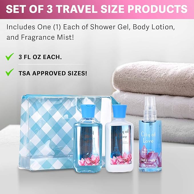 Bath & Body Care Travel Set - Home Spa Set with Body Lotion, Shower Gel and Fragrance Mist, Valentines Day Gifts for Her and Him(City of Love)-VivaGrace Women