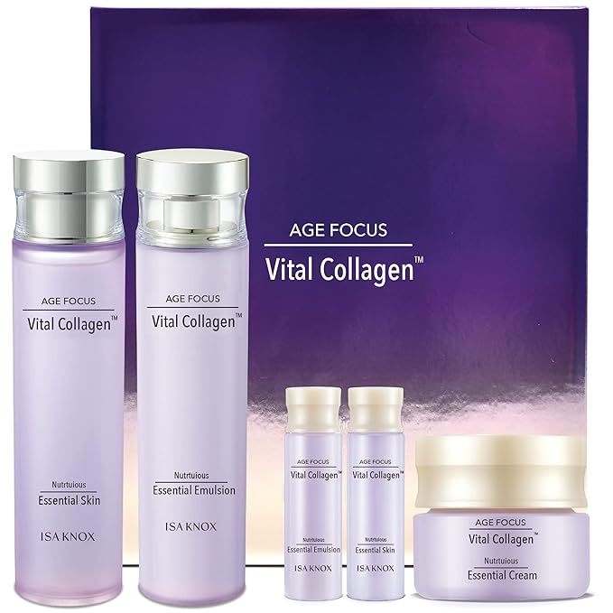 ISA KNOX AGE FOCUS VITAL COLLAGEN SKINCARE GIFT SET - Korean Luxury Premium High-end Skin Toner, Emulsion Lotion, Cream, Hydrolyzed Collagen, Vitamin B12, E, C, (370ml / 12.51 Fl Oz)-VivaGrace Women