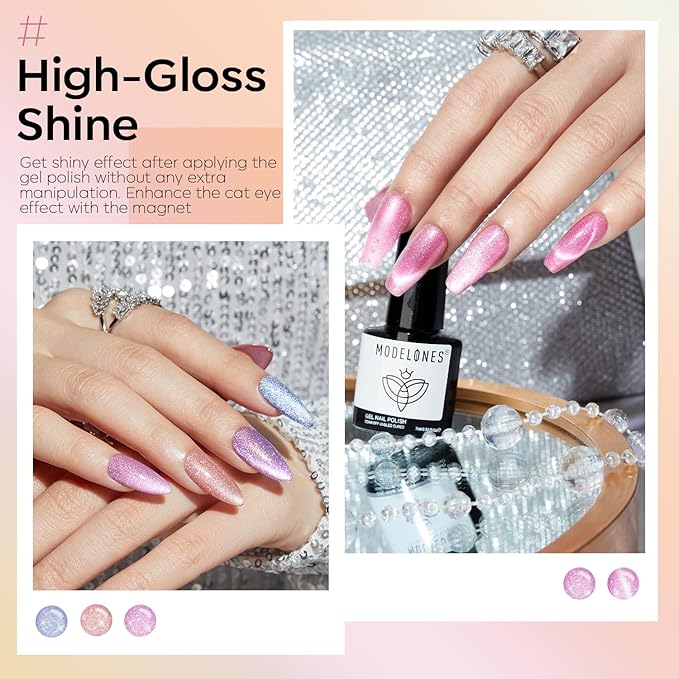 modelones Holographic Glitter Cat Eye Gel Nail Polish Kit 6 Colors with Magnet Romantic Rainbow Galaxy Series Pastel Gel Polish Soak Off Led Gel Nail Polish Set Nail Art Gel Manicure Salon DIY Gifts-VivaGrace Women
