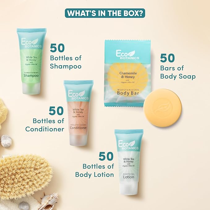 Eco Botanics Hotel Soaps and Toiletries Bulk Set | 1-Shoppe All-In-Kit Amenities for Hotels & Airbnb | 0.85 oz Hotel Shampoo, Conditioner & Lotion, 0.89 oz Bar Soap Travel Size | 200 Pieces-VivaGrace Women