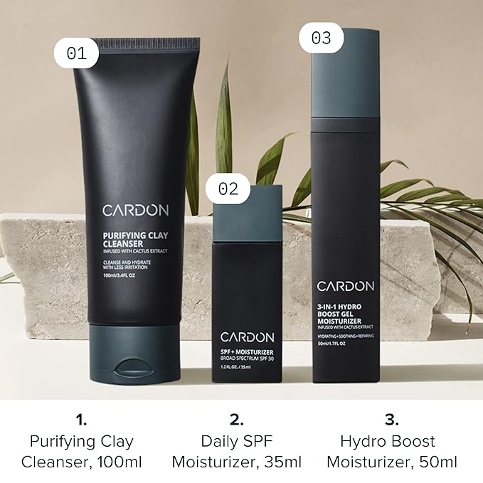 Cardon Cactus-Based Men's Skincare Set | Premium Korean Skincare for Sensitive Skin and Oily Skin | Water-based Face Moisturizer with SPF 30, Gentle Face Wash, Repairing Night Cream with Vitamin E-VivaGrace Women