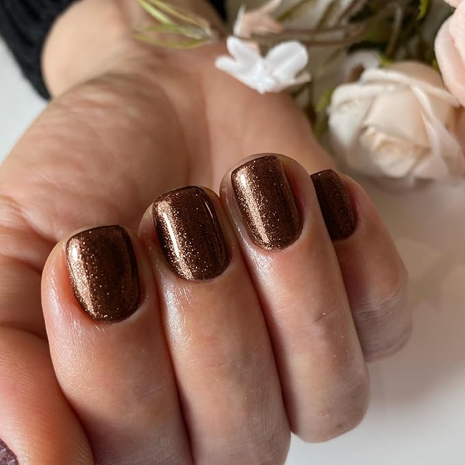 KQueenest Brown Glitter Fall Press on Nails Short Square, Cute Shimmer Acrylic Fake Nails Short with UV Finish, Sparkle Gel Nails Press ons, Bling Stick on Nails False Nails for Women in 24 Pcs
