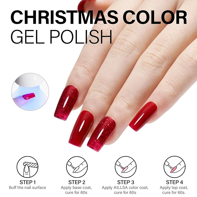 AILLSA Red Polish Set White Glitter Burgundy Red Nail Polish with Base and Top Coat, Christmas Red Sliver Sparkle Polish Soak Off U V Starter Kit for Art Salon DIY
