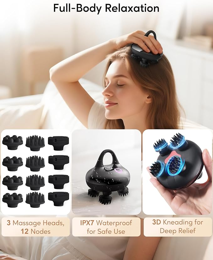 arboleaf Electric Scalp Massager Kneading Head Massager Scalp Stress Relax, Portable 6 in 1 Hair Massage with 12 Removable Massage Claws, Recharagable Head Stratcher, Gift for Mom Dad-VivaGrace Women