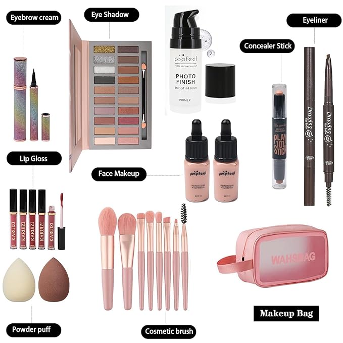 All in One Makeup Kit, Includes 20 Colors Eyeshadow Palette, RUIGPRO Foundation & Face Primer, Makeup Brush, Makeup Sponge, Eyebrow Soap, Winged Eyeliner Stamp, Gift Set for Women, Girls & Teens-VivaGrace Women