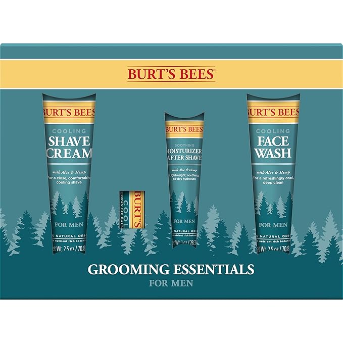 Burt's Bees Gifts Ideas - Grooming Essentials Kit, 4 Products for Men - Cooling Face Wash, Shave Cream, Soothing Moisturizer After Shave & Original Beeswax Lip Balm-VivaGrace Women