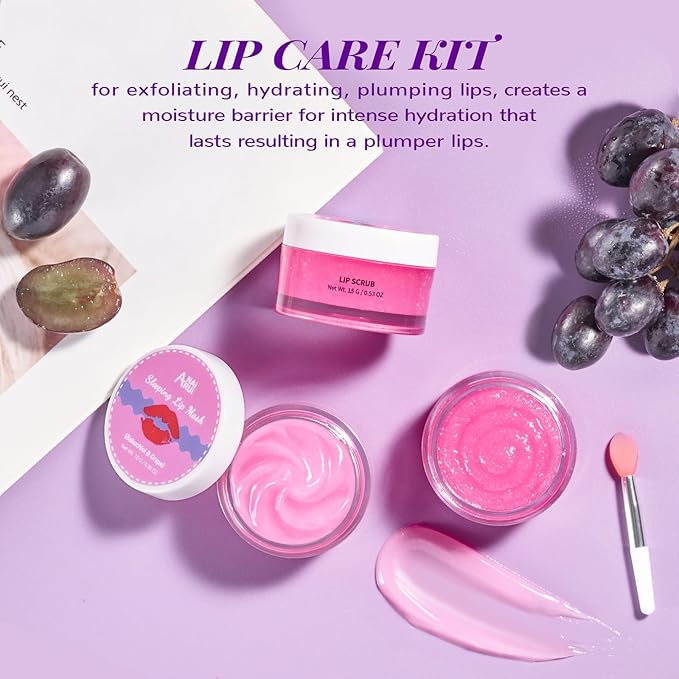 ANAI RUI Lip Therapy Set, Lip Scrub & Lip Mask, Overnight Hydrating Lip Moisturizer with Lip Exfoliator Scrub and Lip Sleeping Mask for Lip Plumping, Lip Gift Kit for Dry, Chapped, Dark Lips, Grape-VivaGrace Women
