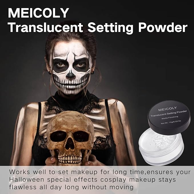 MEICOLY Talc-Free Setting Powder with Sifter,Long Lasting Loose Face Powder,Translucent Powder Colorset Powder,Matte Finishing White Face Paint Setting Powder for Halloween SFX Makeup,Oil Control-VivaGrace Women