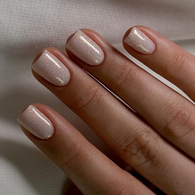 KQueenest Sliver White Glitter Press on Nails Short Square, Shimmer Fake Nails Glue on Acrylic Nails Short Sparkly Bling Gel Nails Press ons Petite Cute Stick on Nails for Women Prom Holiday in 24 Pcs