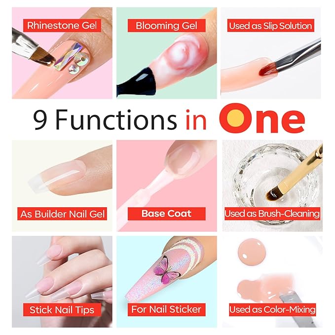 modelones Nail Glue for Nail Tips, 9 in One Glue for Press Ons, Clear Tips, Need U V Light Cured, 15ML-VivaGrace Women