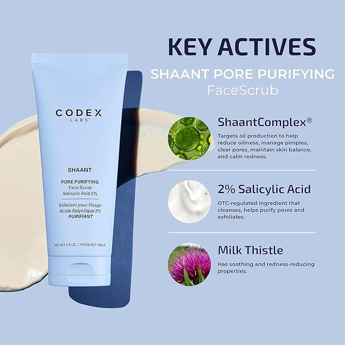 Codex Labs Shaant Deep Cleanse & Tone Kit, Pore Purifying Scrub (100g) & Refining Toner (100ml) - Oil Control & Pore Minimizer - for Acne Prone Skin - with 2% Salicylic Acid, 2% Gluconolactone (PHA)-VivaGrace Women