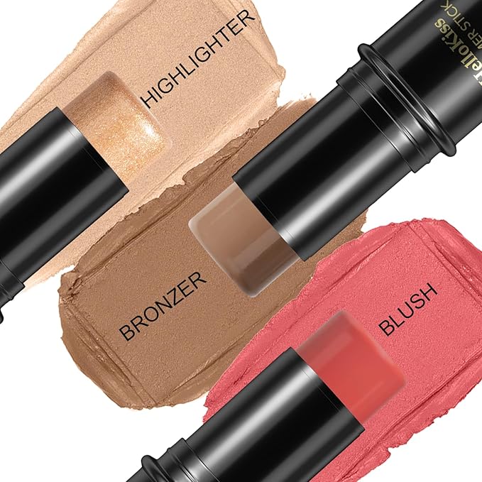 3 Pcs Face Contour Stick Kit, Matte Finish Face Stick Trio with Bronzer Blush Highlighter and Brush, Long Lasting Waterproof Cream Beauty Wand Makeup Set for Sculpt Glowing Face Look (#4, 10, 14)-VivaGrace Women