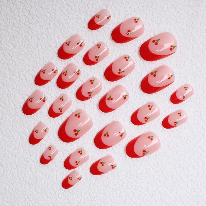 French Press on Nails Short Almond Shaped False Nails with Cherry Design Glossy Acrylic Nails Reusable Stick on Nails for Women's Daily Wear French Fake Nails with Nail Glue in 24 Pcs