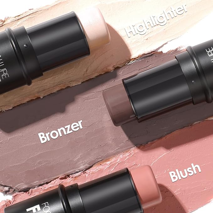 FOCALLURE 3 Pcs Cream Contour Sticks,Shades with Highlighter & Bronzer & Blush,Non-greasy Long-wear Face Contouring Pen,Easy to Sculpt the Face and Create a Lightweight Finishing Makeup,FAIR-LIGHT-VivaGrace Women