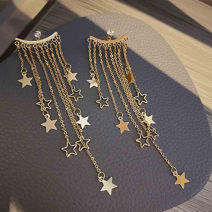 Boho Star Chain Tassel Earrings Gold Star Dangle Earrings Long Chain Drop Earrings Tiny Star Fringe Chain Earrings Jewelry for Women and Girls-VivaGrace Women