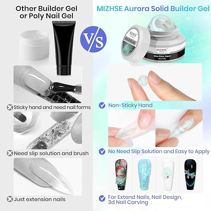 MIZHSE Mermaid Aurora Solid Builder Gel, 1oz Hard Gel for Nails 3D Non-sticky Builder Gels Polish Soak Off for Nails Salon Home DIY Manicure-VivaGrace Women