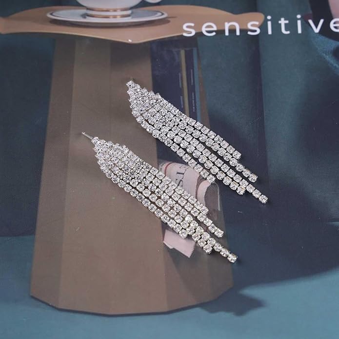 Vintage Rhinestone Chandelier Tassel Earrings Crystal Chain Drop Earrings Gold Long Tennis Chain Earrings Shine Chandelier Bridal Earrings Jewelry for Women-VivaGrace Women