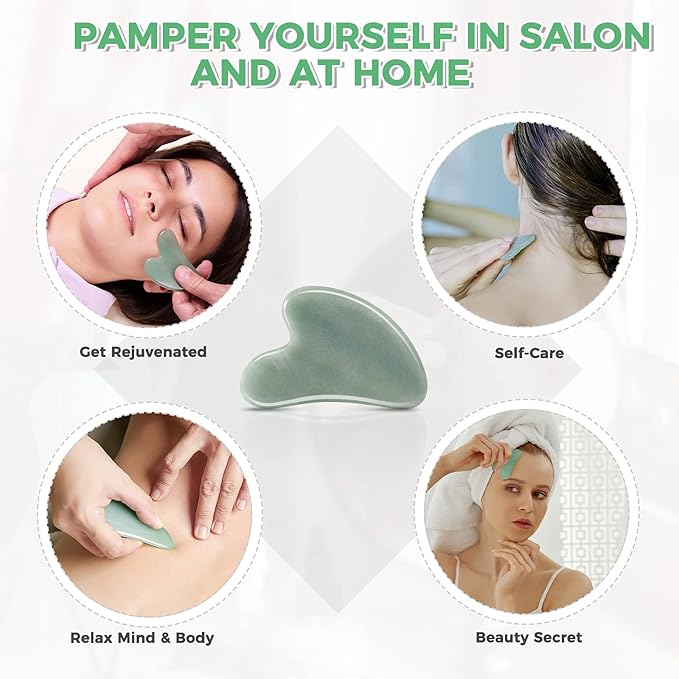 Gua Sha Guasha Facial Tools - Guasha Tool for Face Gua Sha Jade Stone Larbois Gua Sha Scraping Massage Tool for Face and Body SPA Acupuncture Therapy Relieve Muscle Tension Reduce Puffiness (Green)-VivaGrace Women
