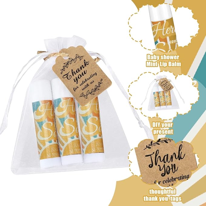 Demissle 50 Pcs Baby Shower Lip Balm Gift Set with 100 Pcs Organza Bags Baby Shower Party Favor for Guest Thank You Tag Rope Baby Shower Party Decoration Gender Reveal Souvenirs(Colorful Stripes)-VivaGrace Women