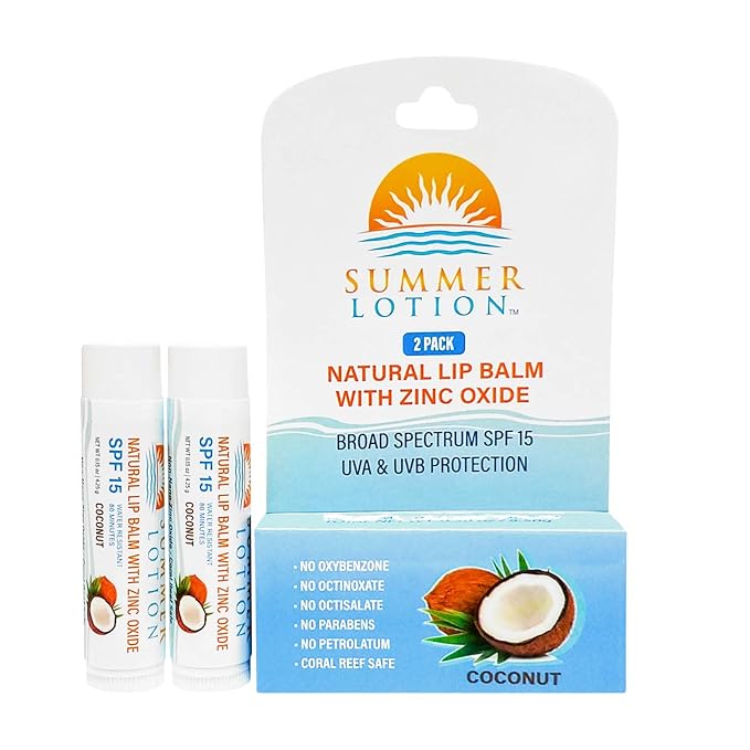 Natural Lip Balm with Zinc Oxide Sunblock by Summer Lotion, SPF 15 Lip Sunscreen 2-Pack, Water Resistant Chapstick, SPF Lip Protection for Everyone, (Coconut)-VivaGrace Women