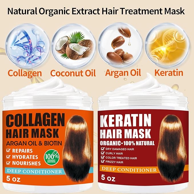 2 Pack Collagen Hair Mask & Keratin Hair Mask,Keratin Hair Treatment,Hydrating Argan Oil Hair Repair Treatment Deep Conditioner Hair Mask for Dry Hair,Collagen with Biotin Hair Treatment Mask-VivaGrace Women